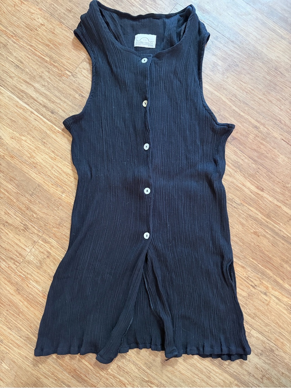 Vintage Emilia Saachi Black Plisse Crinkle Button Up Longline Vest Tunic Top S/M